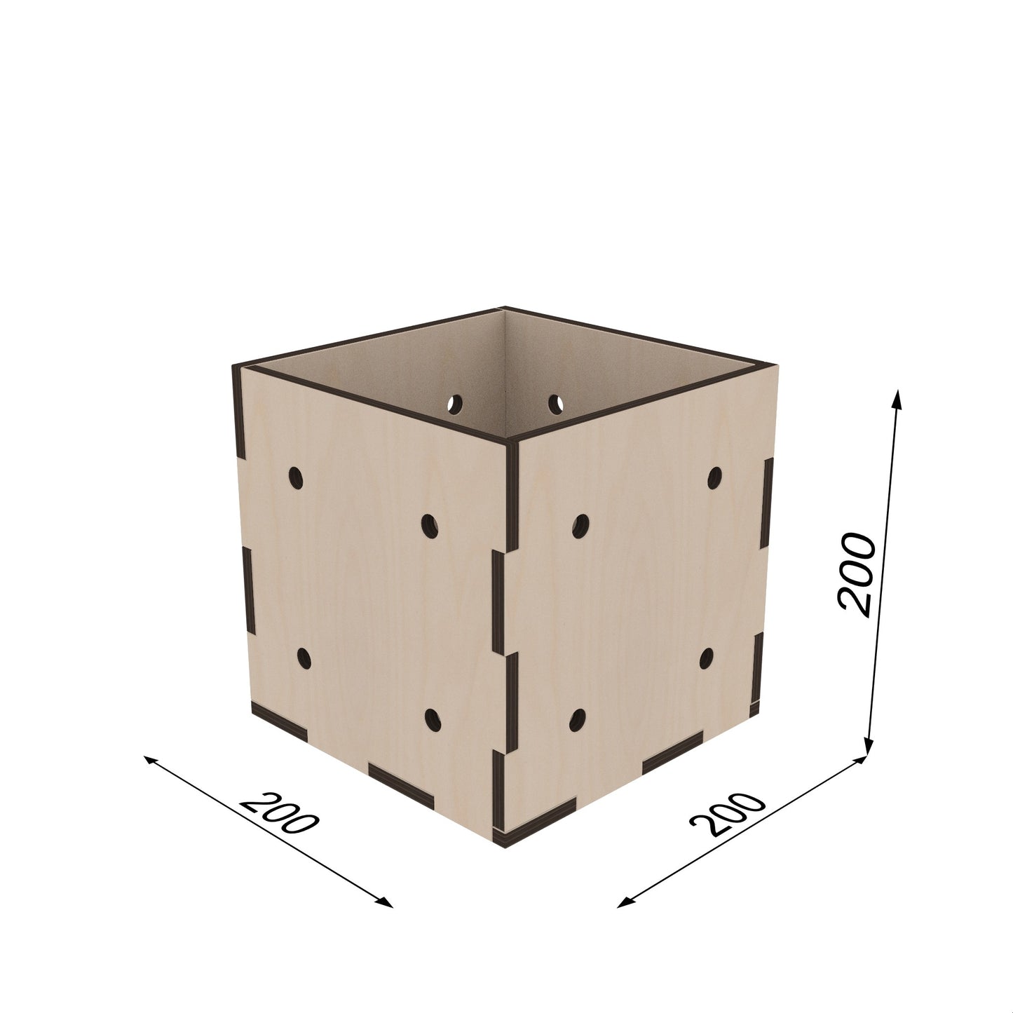 Kiubiq Würfelbox 200x200x200 mm, stehende Ansicht, mit Bemaßung