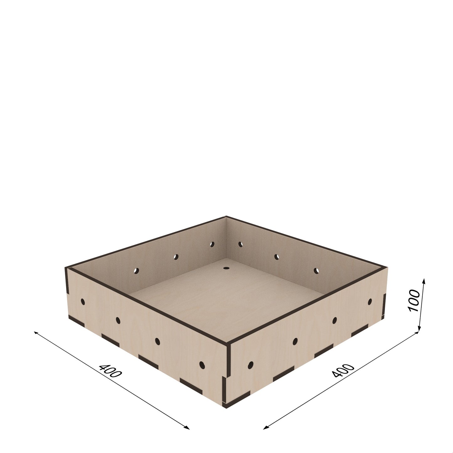 KIUBIQ Würfelbox L, 100 mm Höhe – flache Holzkiste mit Lochraster, modular stapelbar und vielseitig einsetzbar (bemaßt)