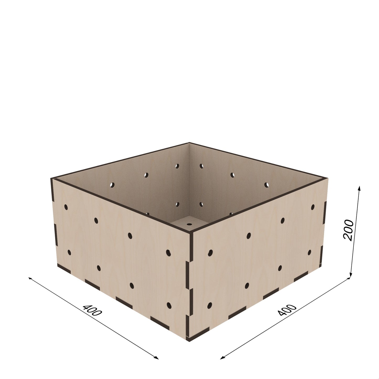 KIUBIQ Würfelbox L, 200 mm Höhe – mittelhohe Holzkiste mit Lochraster, ideal als Aufbewahrungskiste oder Regalelement (bemaßt)