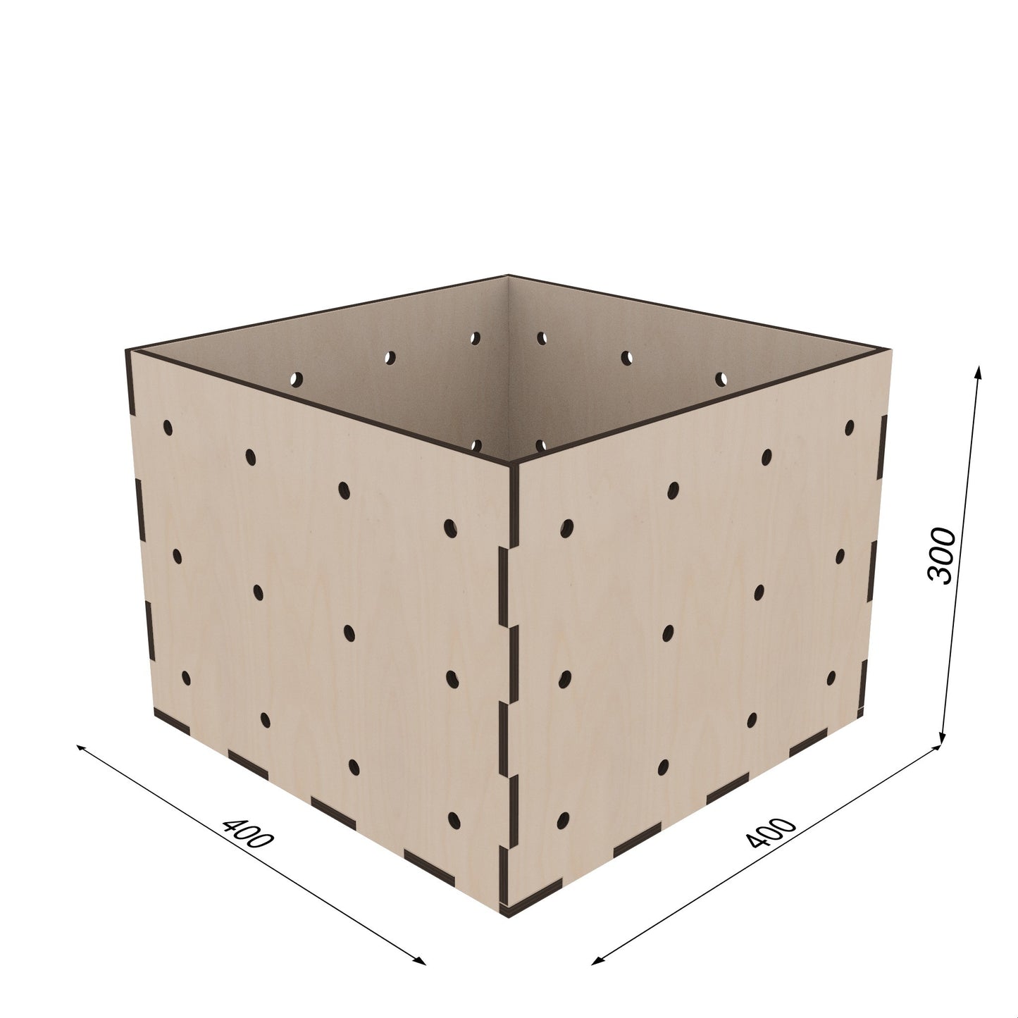 KIUBIQ Würfelbox L, 300 mm Höhe – große, stapelbare Holzkiste mit robustem Multiplex-Design (bemaßt)