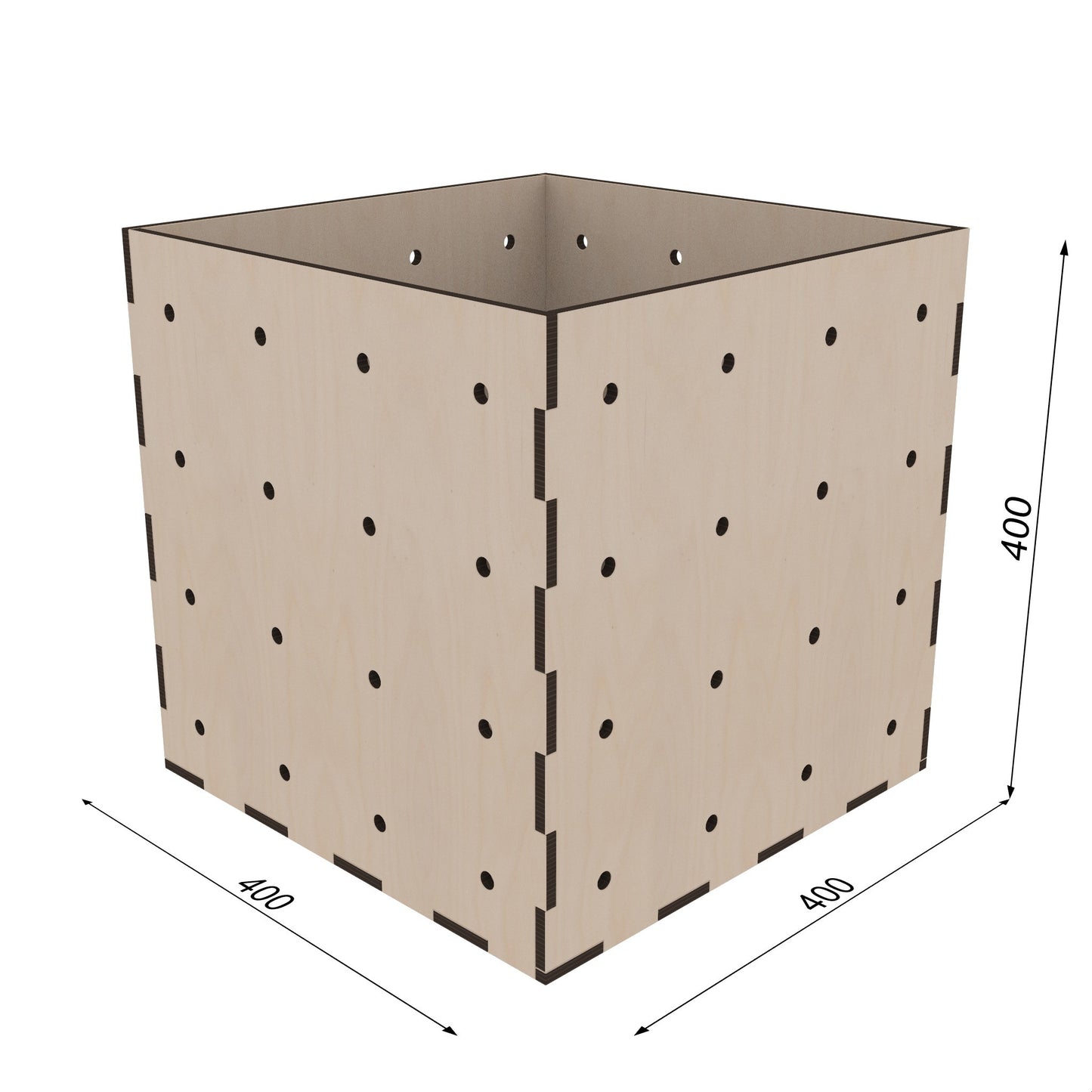 KIUBIQ Würfelbox L, 400 mm Höhe – geräumige Holzkiste mit Lochraster, stapelbar & flexibel für Möbelbau (bemaßt