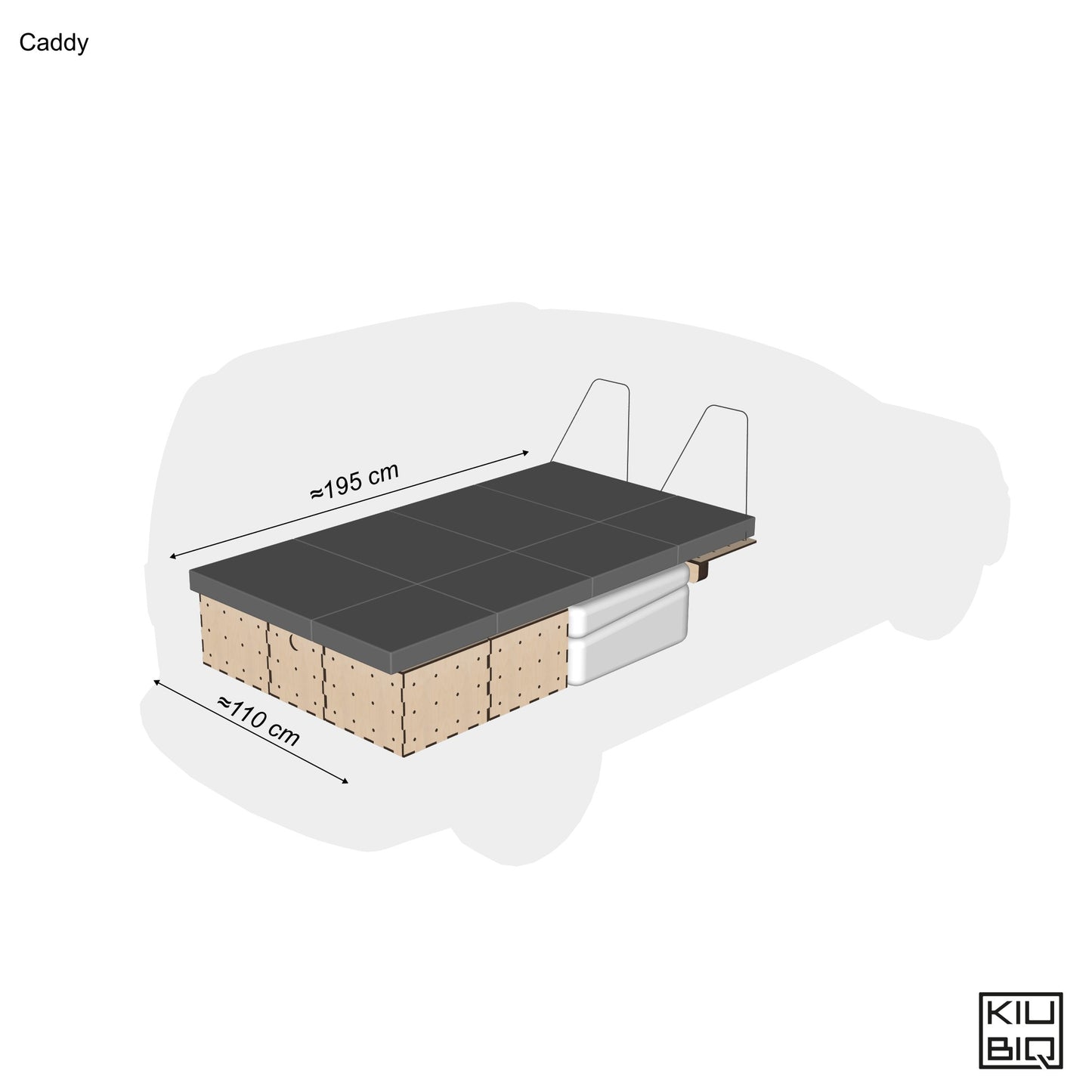 Kiubiq VW Caddy Mikrocamper mit Abmessungen und Klapppolstern