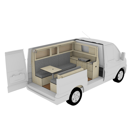3D Ansicht eines Camperausbaus auf Basis von Kiubiq Holzboxen im Ford Transit L1H1