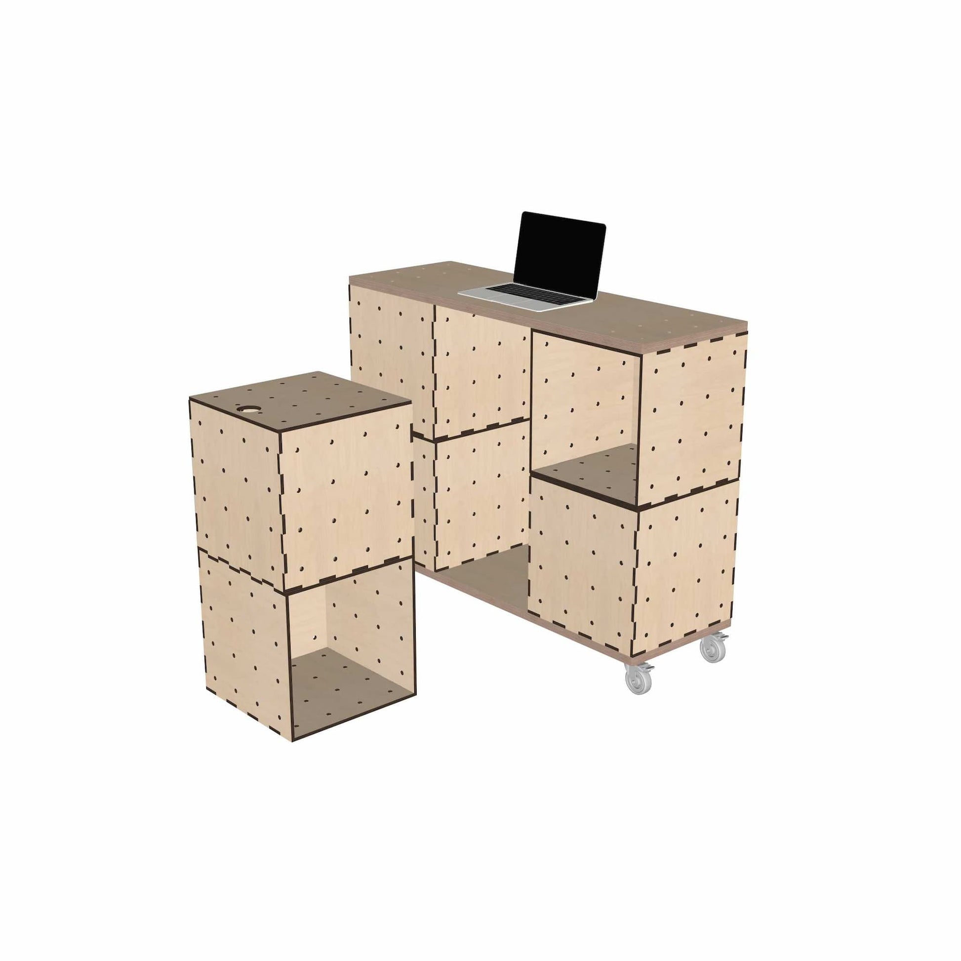 Modulares KIUBIQ Raum-Set als mobiler Arbeitsplatz mit Würfelboxen, Rollen und Tischplatte – flexibel einsetzbar im Büro oder Kreativraum.