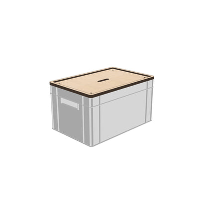 Holzdeckel auf grosser Eurobox 600 x 400 mm mit Stapelrand und Griffloch