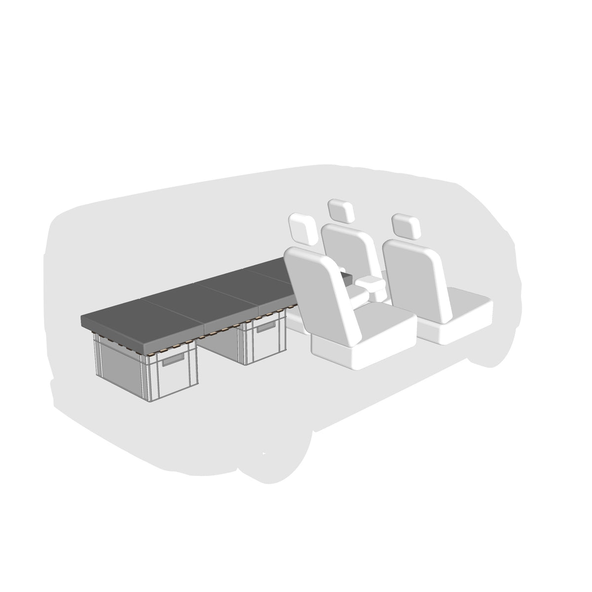 minimalistisches Singlebett 70 x 190 cm im KIA PV5 Passenger aus 2 Euroboxen und Kiubiq-Puzzle-Deckeln und einer Optima Faltmatratze