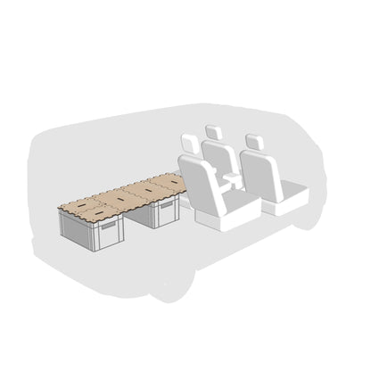minimalistisches Singlebett 60 x 190 cm im KIA PV5 Passenger aus 2 Euroboxen und Kiubiq-Puzzle-Deckeln
