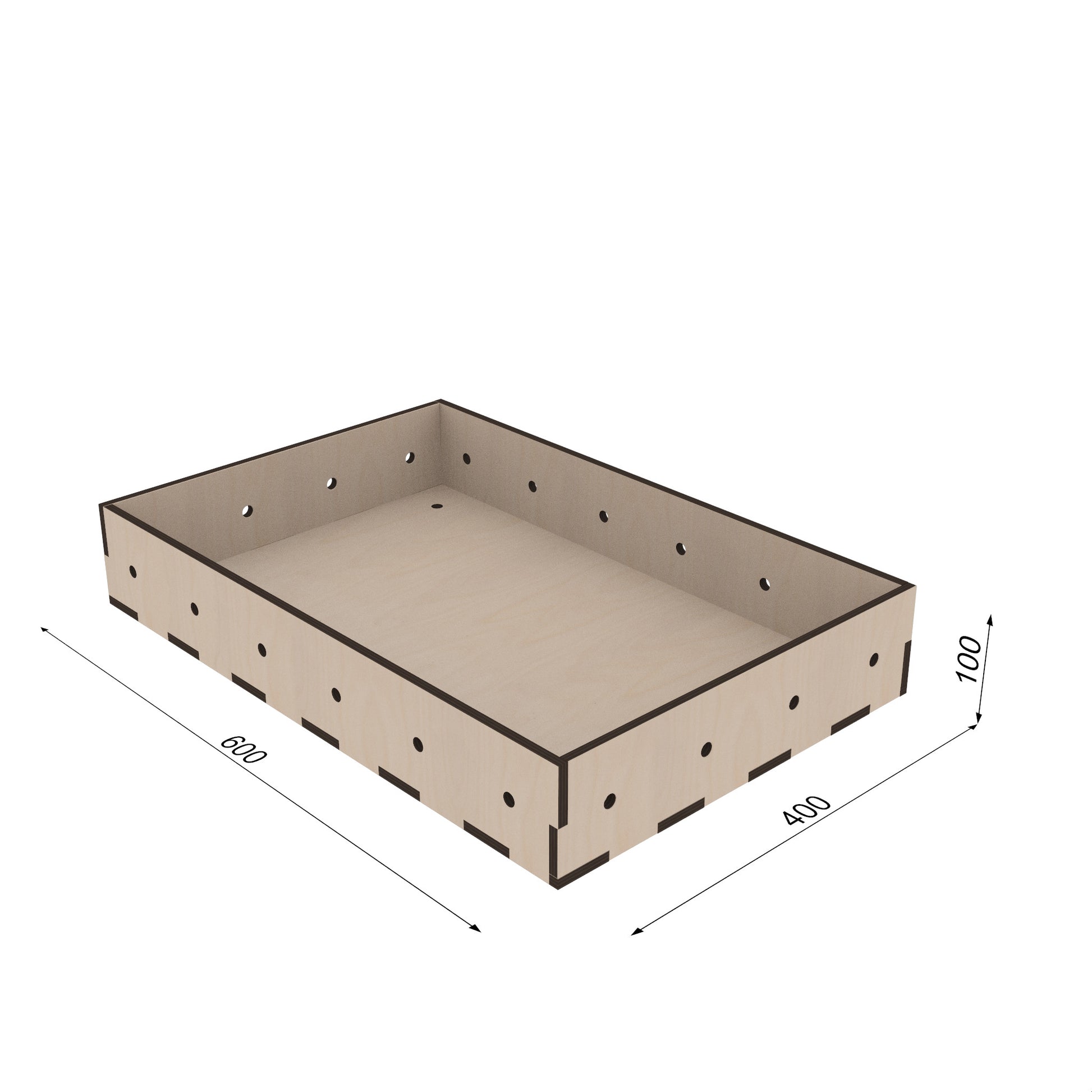 Maßzeichnung: Kiubiq Eurobox L 60x40x10 cm – flache Holzkiste im Euroformat, ideal für Werkzeuge und Zubehör