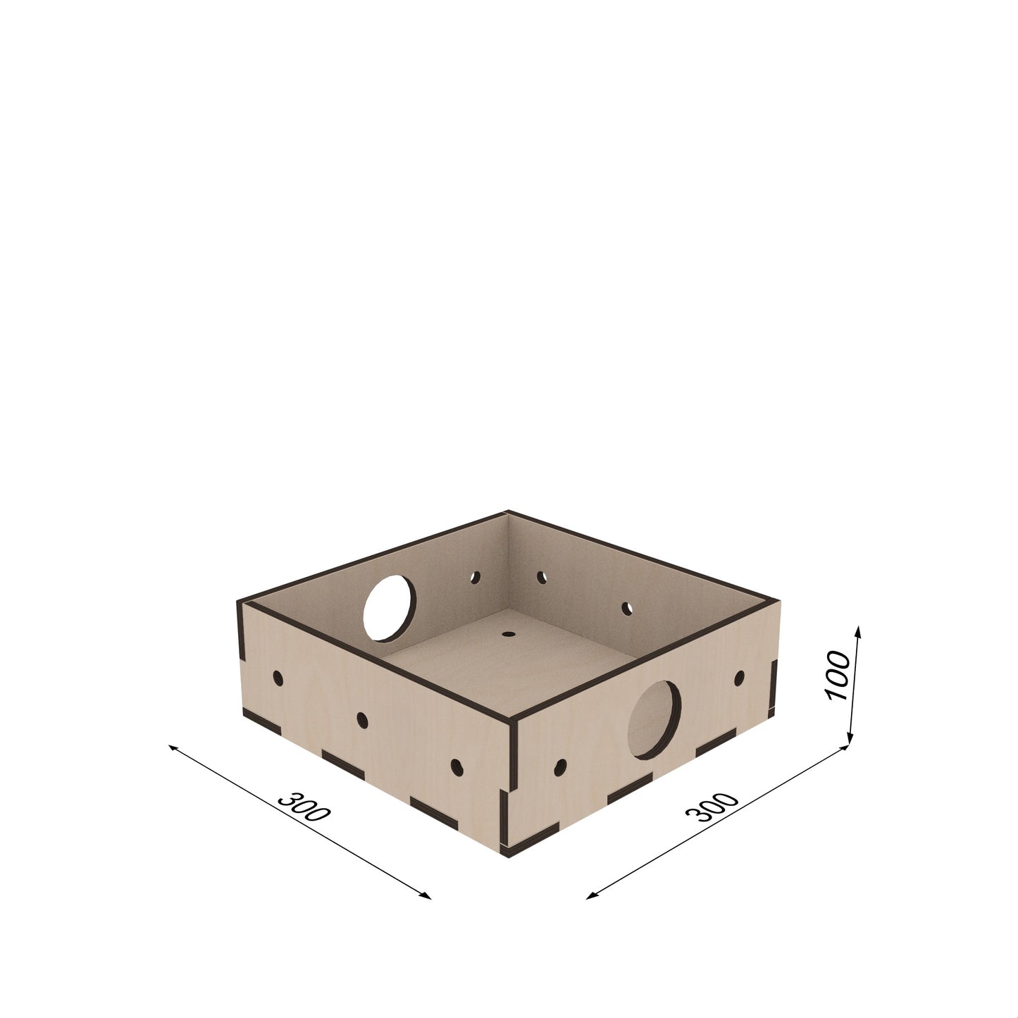 KIUBIQ Würfelbox M 300x300x100 mm – stehende Position, bemasst, stapelbare Holzkiste mit Lochraster
