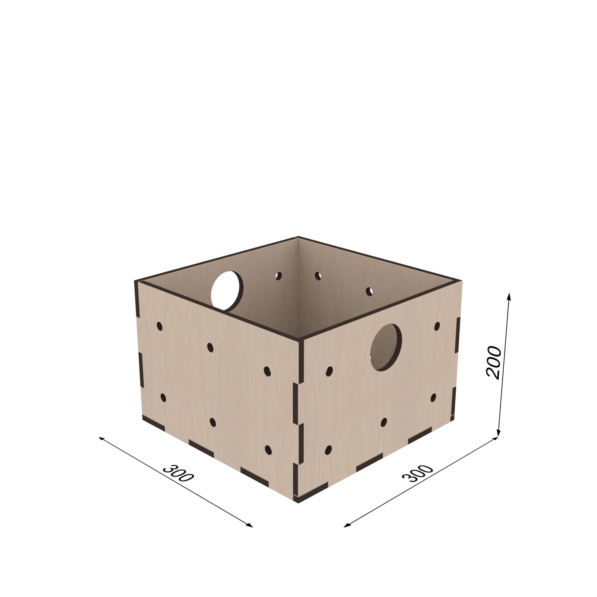 KIUBIQ Würfelbox M 300x300x200 mm – stehende Position, bemasst, geräumige Holzbox mit modularer Nutzung