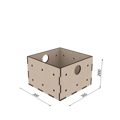 KIUBIQ Würfelbox M 300x300x200 mm – stehende Position, bemasst, geräumige Holzbox mit modularer Nutzung