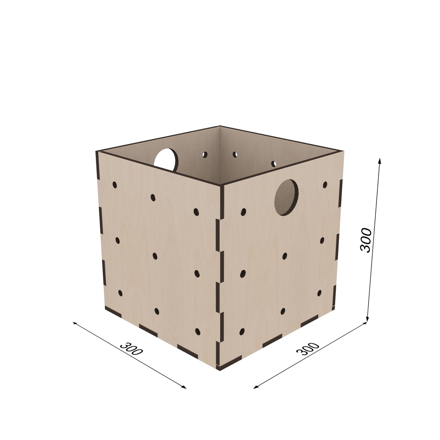 KIUBIQ Würfelbox M 300x300x300 mm – stehende Position, bemasst, robuste und nachhaltige Holzaufbewahrung
