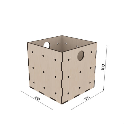 KIUBIQ Würfelbox M 300x300x300 mm – stehende Position, bemasst, robuste und nachhaltige Holzaufbewahrung