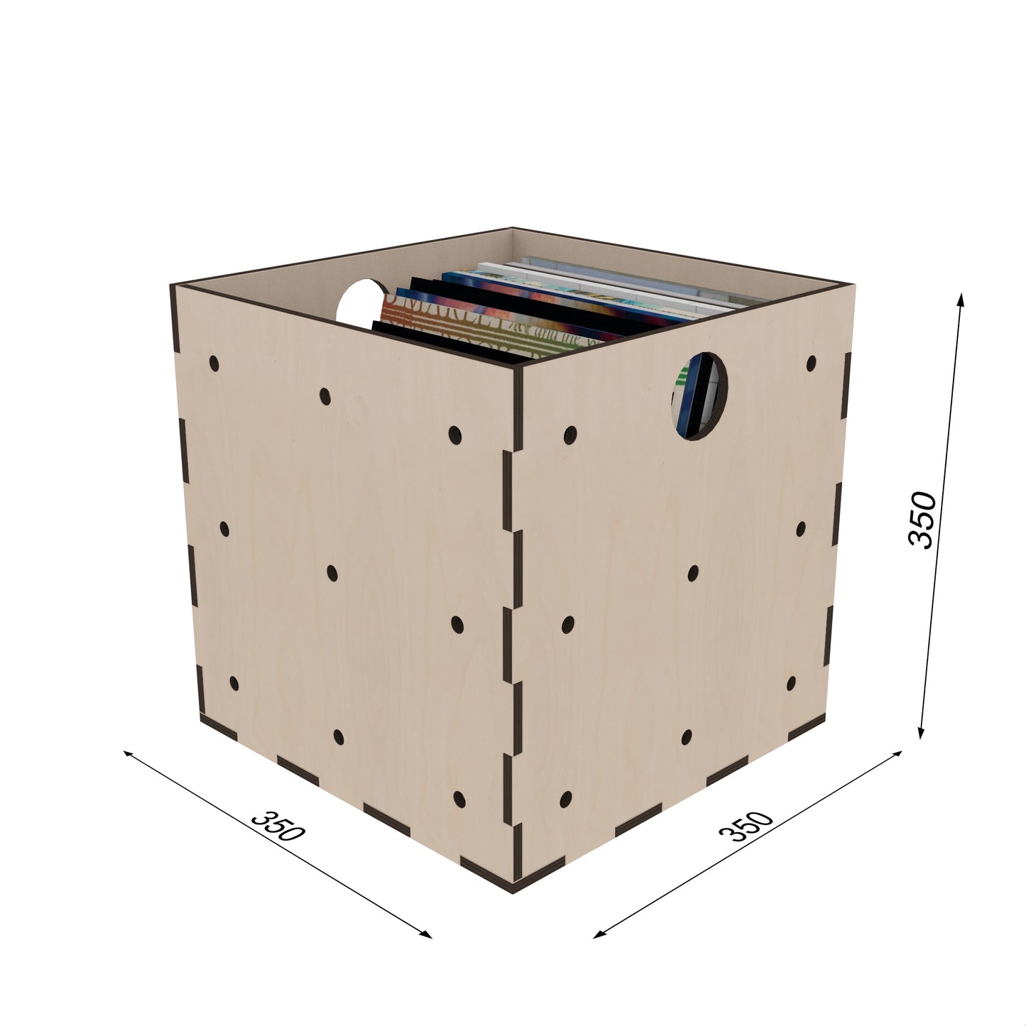 Holzkiste 350x350x350 mm für Schallplatten – mit Maßangaben, ideal für LP-Sammlung