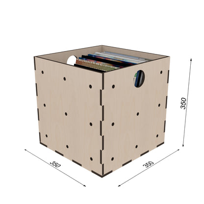 Holzkiste 350x350x350 mm für Schallplatten – mit Maßangaben, ideal für LP-Sammlung