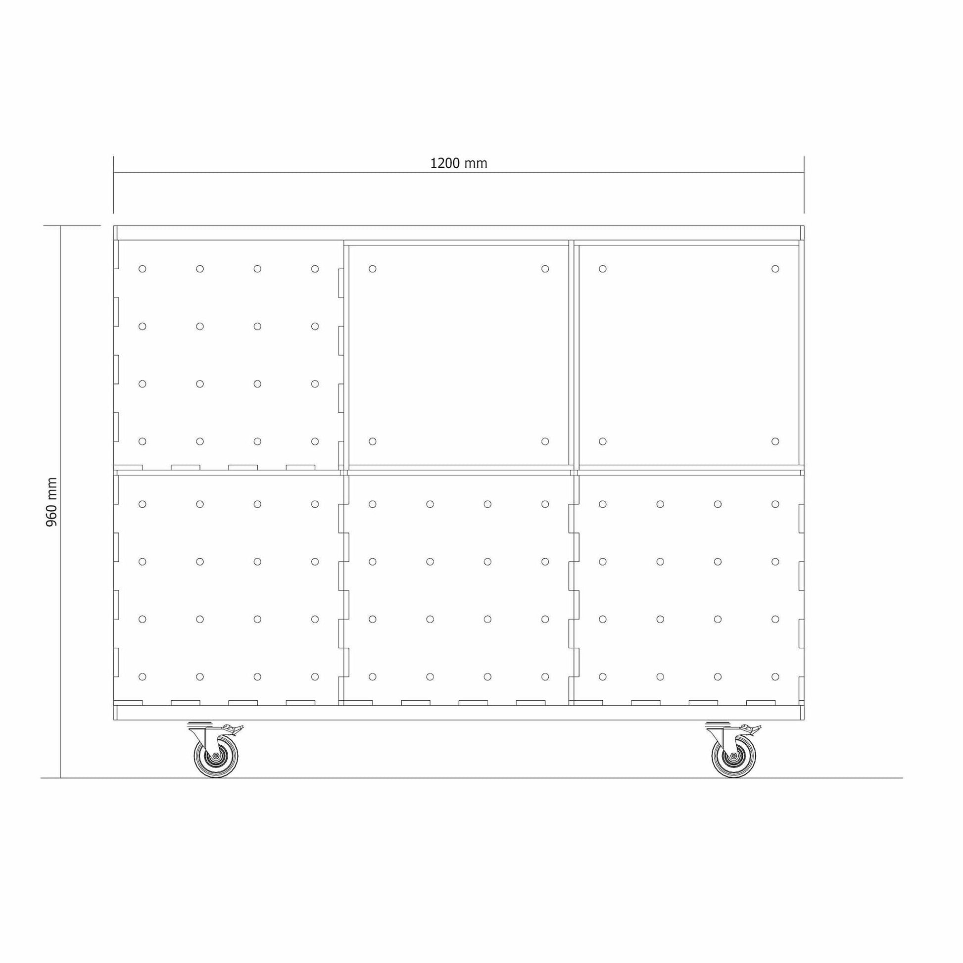 Technische Seitenansicht des KIUBIQ Raum-Sets mit Gesamtmaßen, modularer Aufbau aus Würfelboxen und Rollbrett.