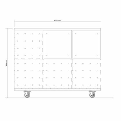 Technische Seitenansicht des KIUBIQ Raum-Sets mit Gesamtmaßen, modularer Aufbau aus Würfelboxen und Rollbrett.