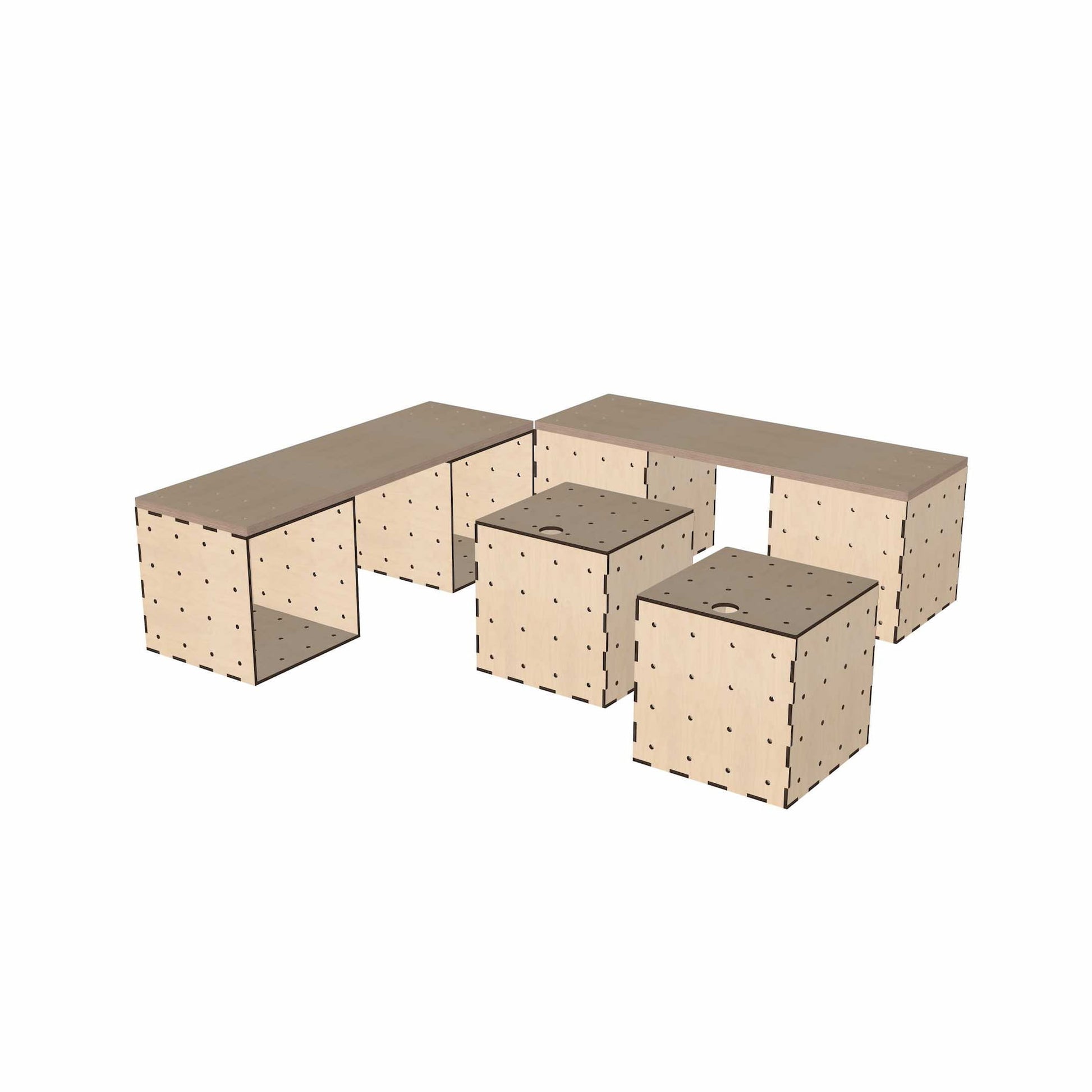 Modulares Sitzarrangement aus KIUBIQ Würfelboxen mit Bänken und Hockern – geeignet für Besprechungen, Workshops oder Lernräume.