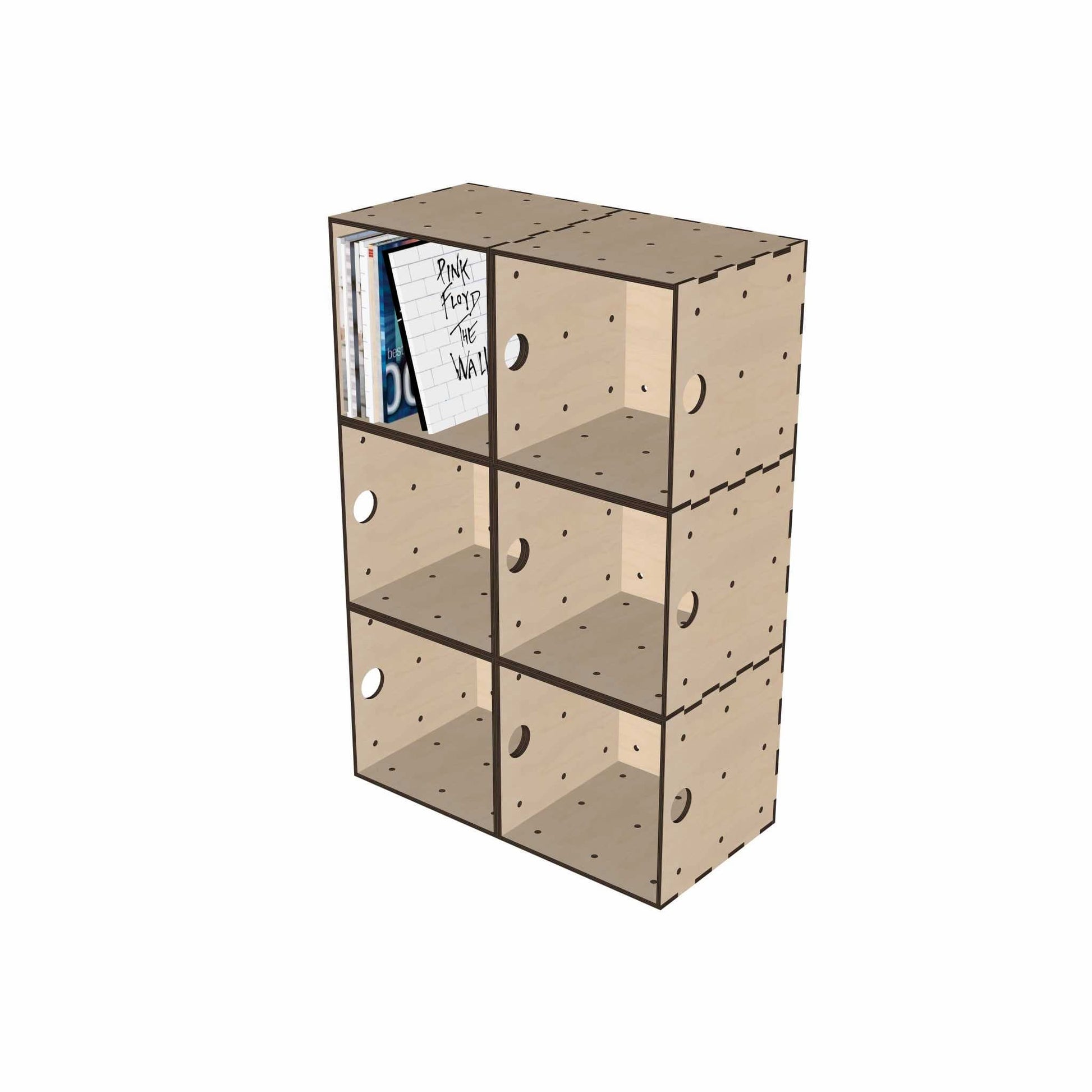 Modulares Schallplattenregal aus Holz mit sechs KIUBIQ Schallplattenboxen in 2x3 Anordnung