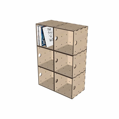 Modulares Schallplattenregal aus Holz mit sechs KIUBIQ Schallplattenboxen in 2x3 Anordnung