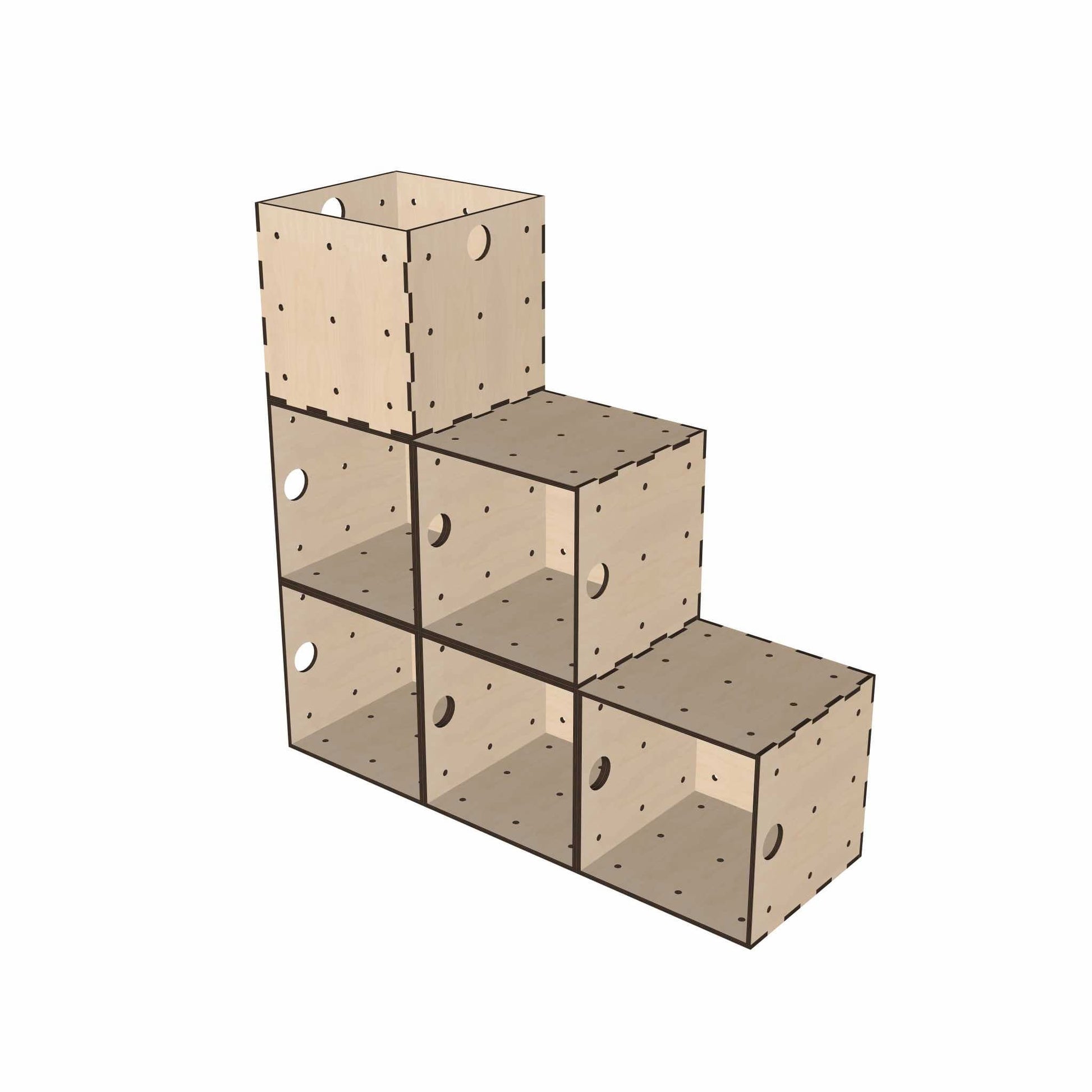 Leeres modulares Schallplattenregal aus sechs Holzboxen im KIUBIQ System