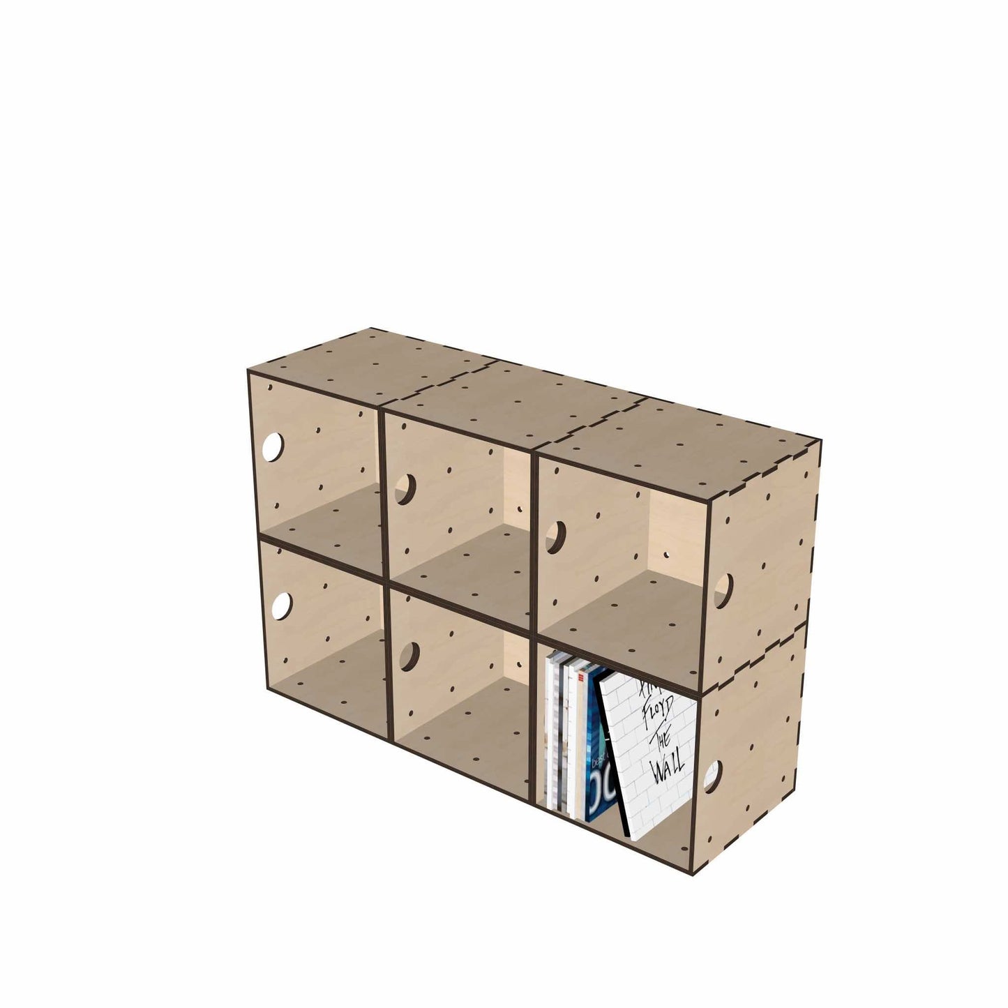 Modulares Vinylregal aus Holz mit sechs KIUBIQ Schallplattenboxen in alternativer Anordnung